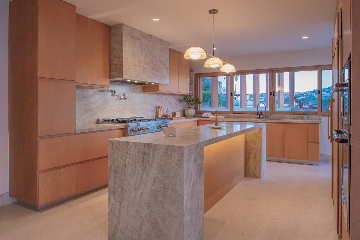 Chef's kitchen with quartzite waterfall island
